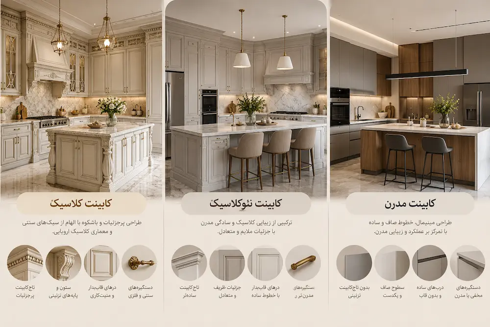 مقایسهی بصری کابینت کلاسیک، نئوکلاسیک و مدرن