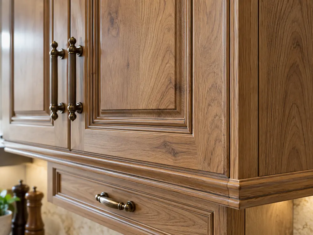 کابینت کلاسیک با روکش چوب طبیعی و لبهبندی دقیق