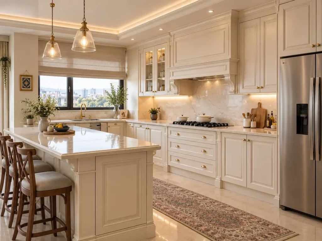 رنگ کابینت نئوکلاسیک شیری و کرم