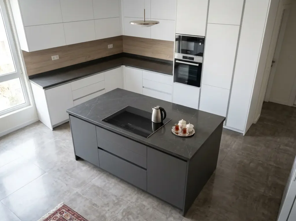 کابینت مدرن سفید جزیره طوسی دودی در میان بدنههای سفید