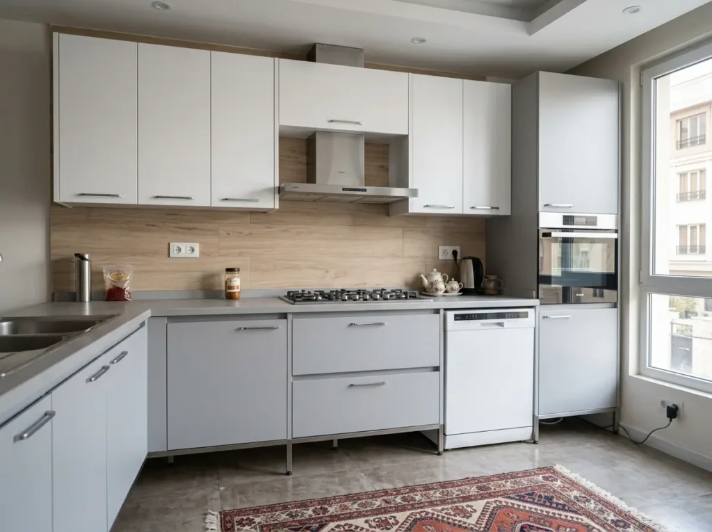 کابینت مدرن دنه بالا سفید، بدنه پایین طوسی روشن