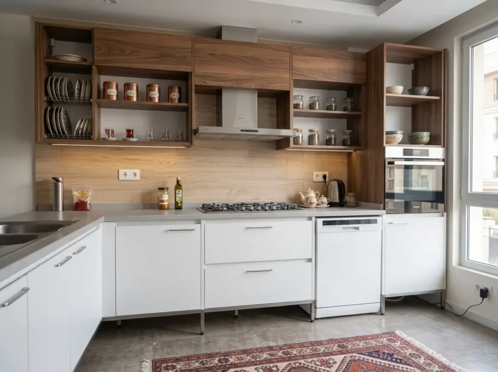 کابینت مدرن بالا چوبی، بدنه پایین سفید مات