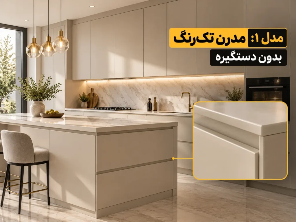 کابینت مدرن با رنگ پلی اورتان تکرنگ بدون دستگیره